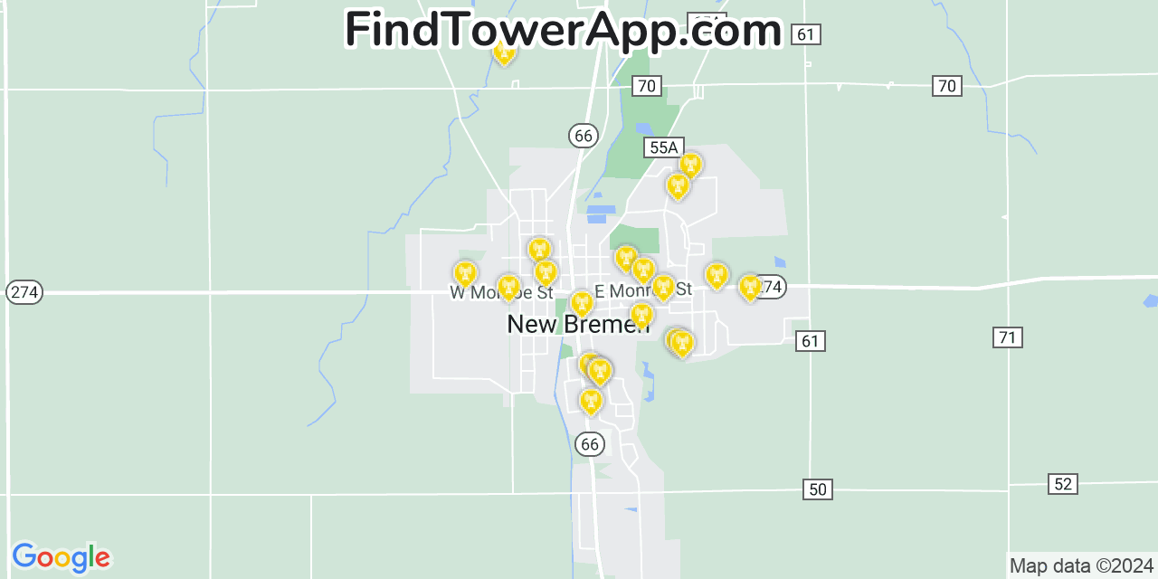 AT&T 4G/5G cell tower coverage map New Bremen, Ohio