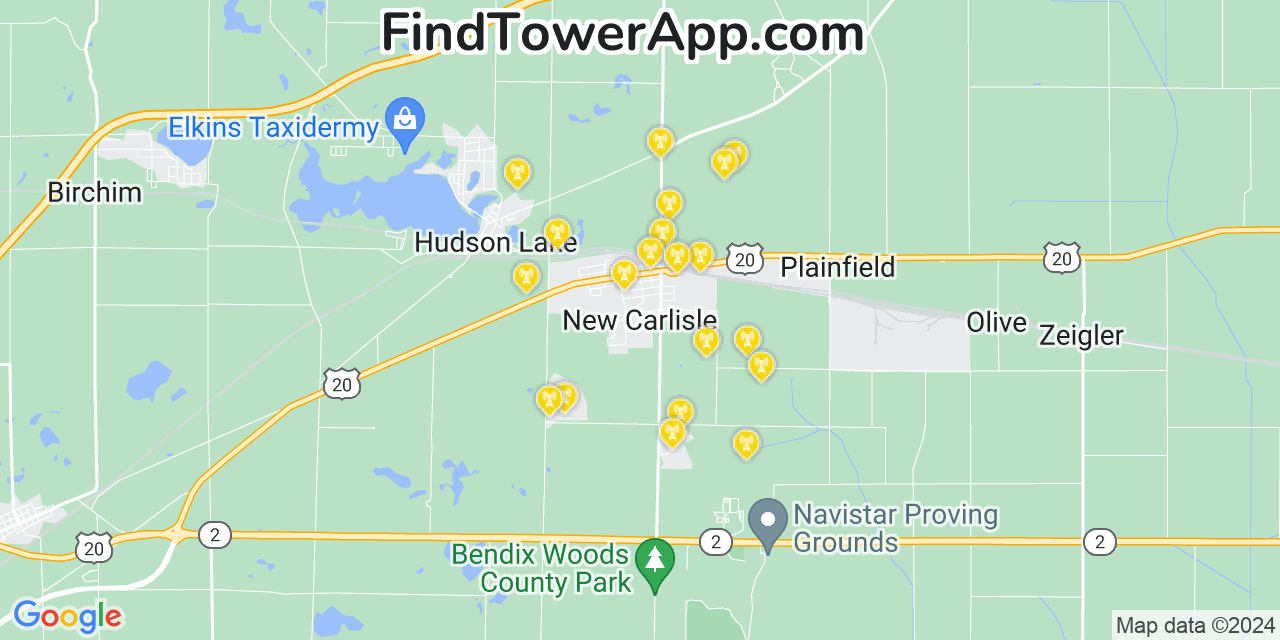 AT&T 4G/5G cell tower coverage map New Carlisle, Indiana