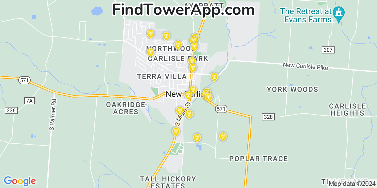 AT&T 4G/5G cell tower coverage map New Carlisle, Ohio
