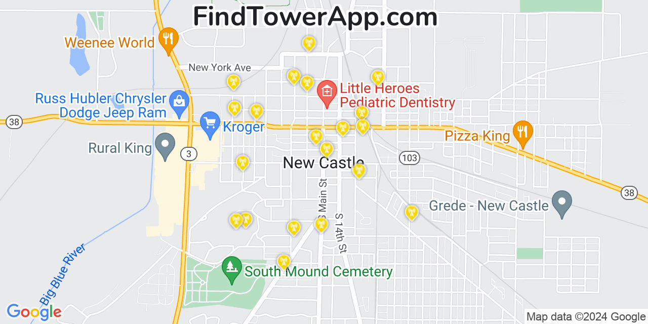 AT&T 4G/5G cell tower coverage map New Castle, Indiana