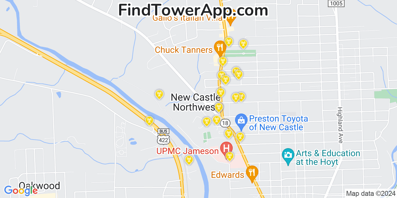 AT&T 4G/5G cell tower coverage map New Castle Northwest, Pennsylvania
