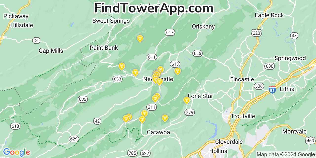 AT&T 4G/5G cell tower coverage map New Castle, Virginia