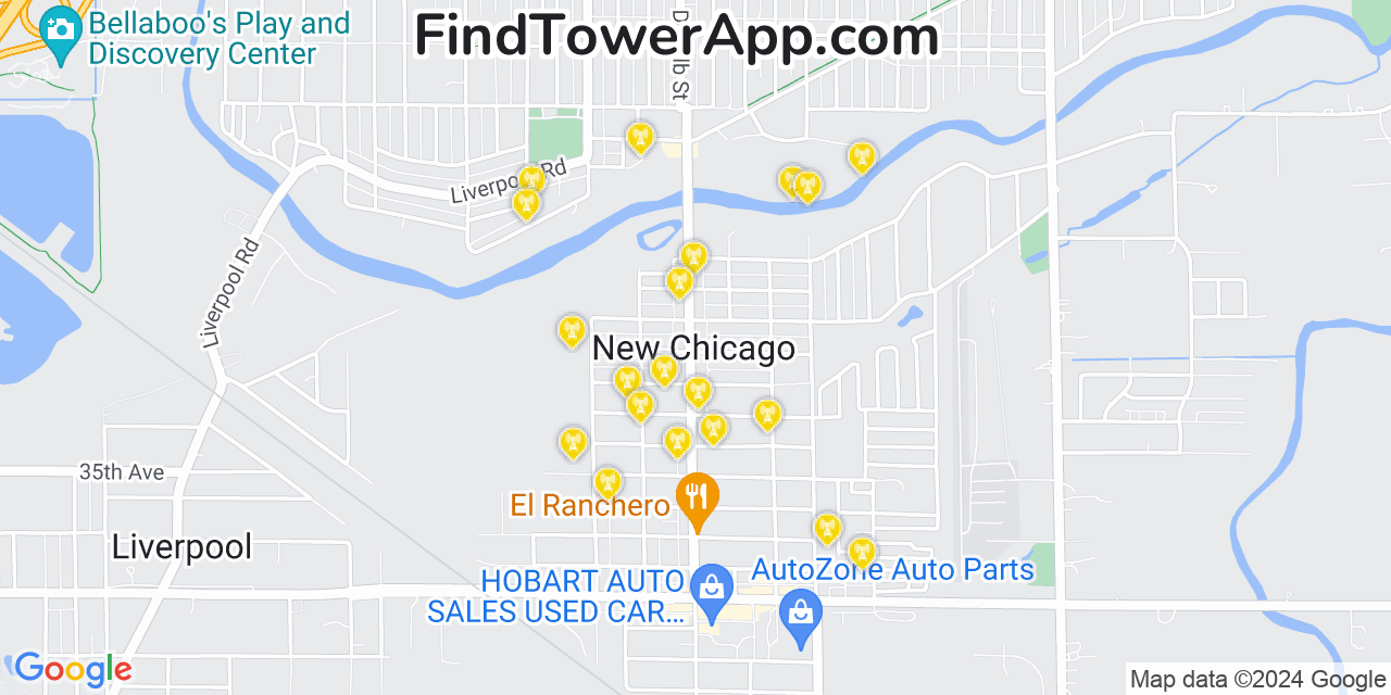 AT&T 4G/5G cell tower coverage map New Chicago, Indiana