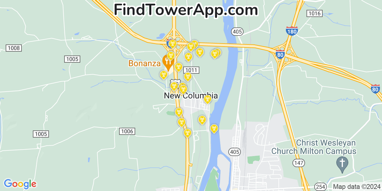 AT&T 4G/5G cell tower coverage map New Columbia, Pennsylvania