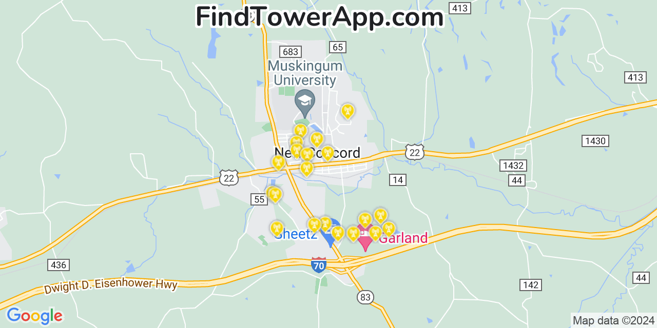 AT&T 4G/5G cell tower coverage map New Concord, Ohio