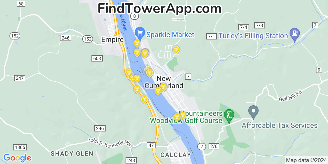 AT&T 4G/5G cell tower coverage map New Cumberland, West Virginia