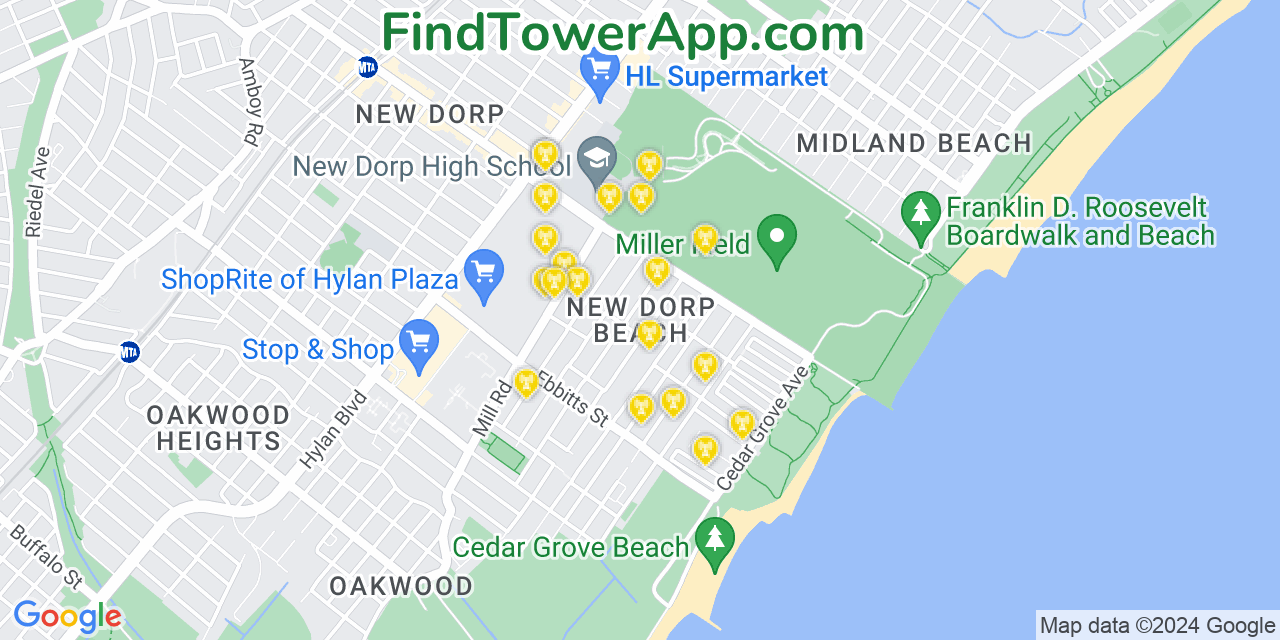 AT&T 4G/5G cell tower coverage map New Dorp Beach, New York
