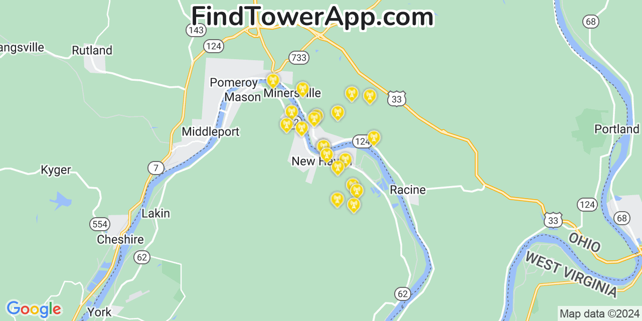 AT&T 4G/5G cell tower coverage map New Haven, West Virginia