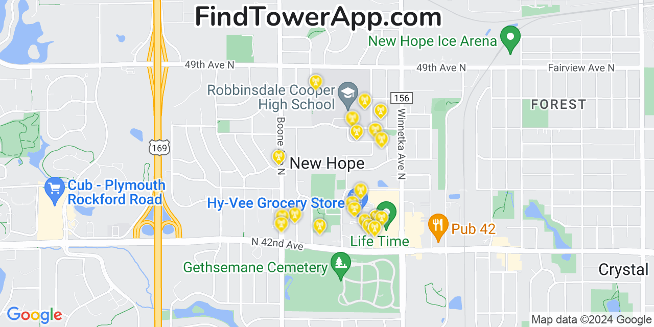 AT&T 4G/5G cell tower coverage map New Hope, Minnesota