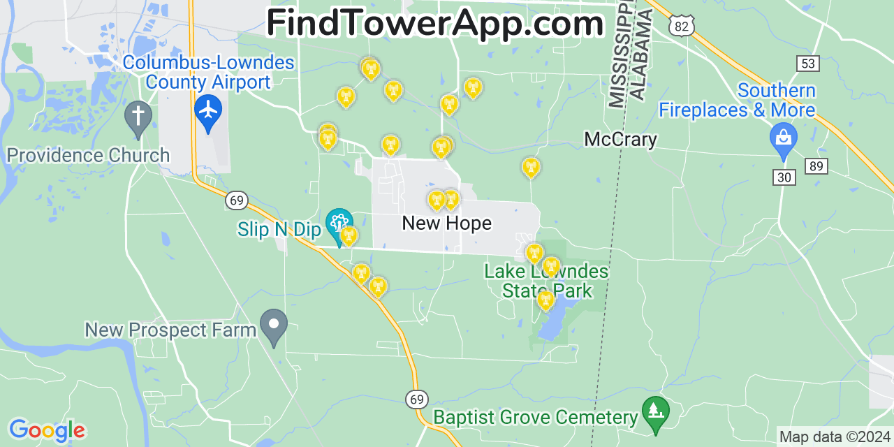 AT&T 4G/5G cell tower coverage map New Hope, Mississippi