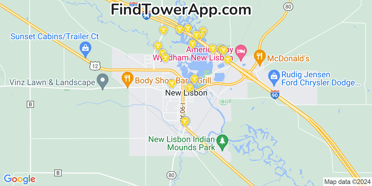 AT&T 4G/5G cell tower coverage map New Lisbon, Wisconsin