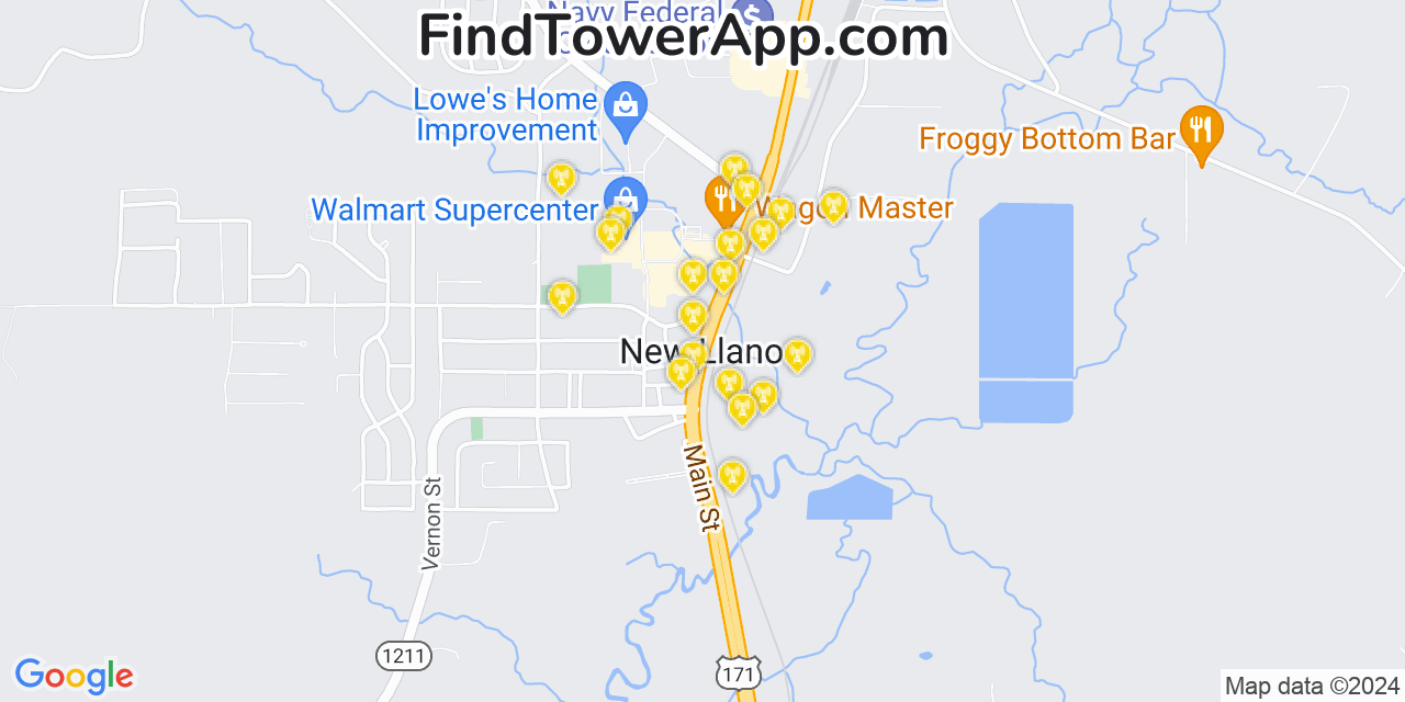 AT&T 4G/5G cell tower coverage map New Llano, Louisiana