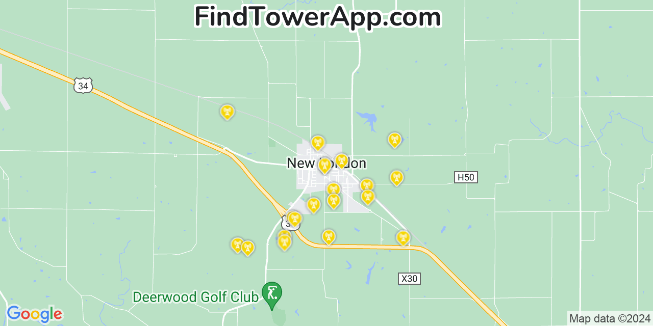 AT&T 4G/5G cell tower coverage map New London, Iowa