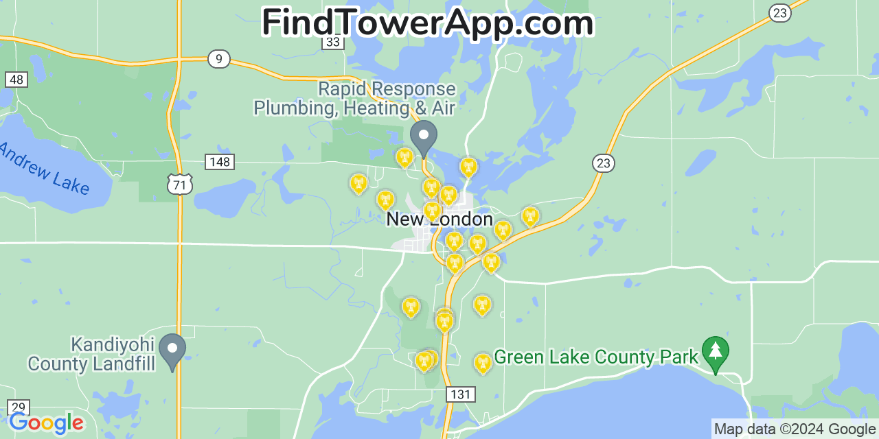 AT&T 4G/5G cell tower coverage map New London, Minnesota