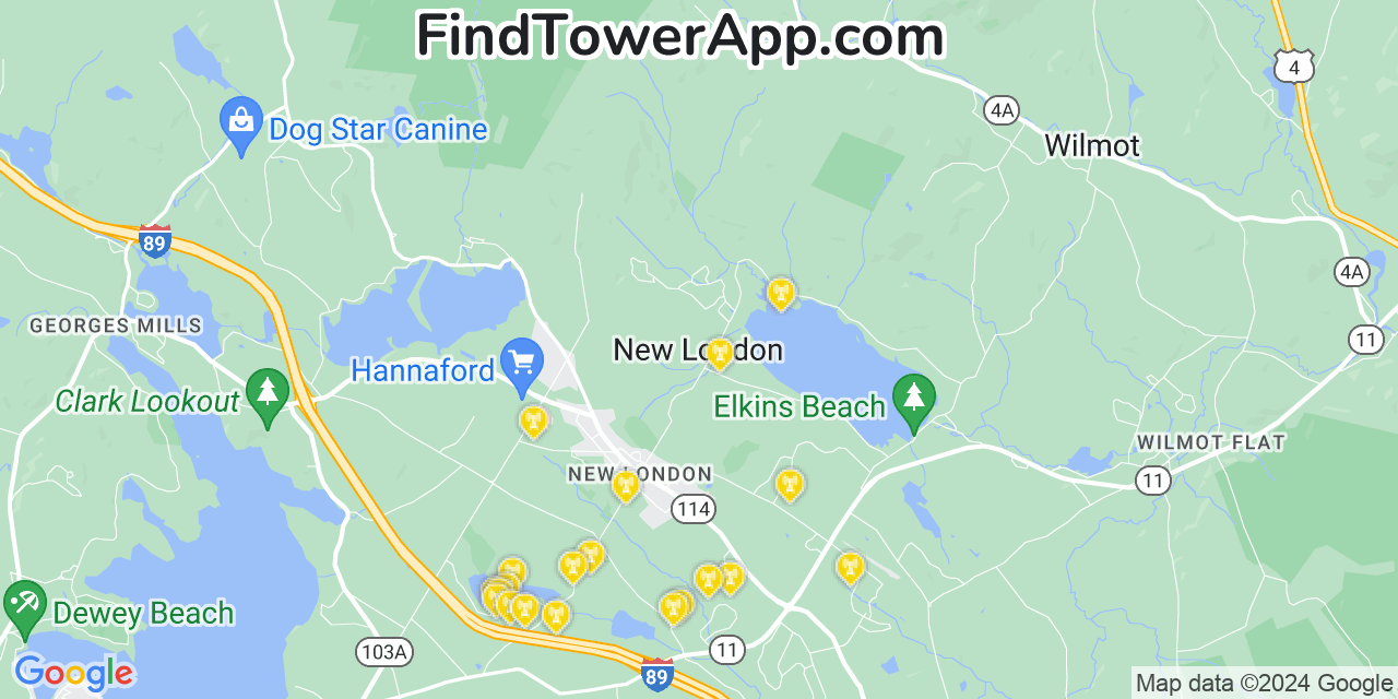 AT&T 4G/5G cell tower coverage map New London, New Hampshire