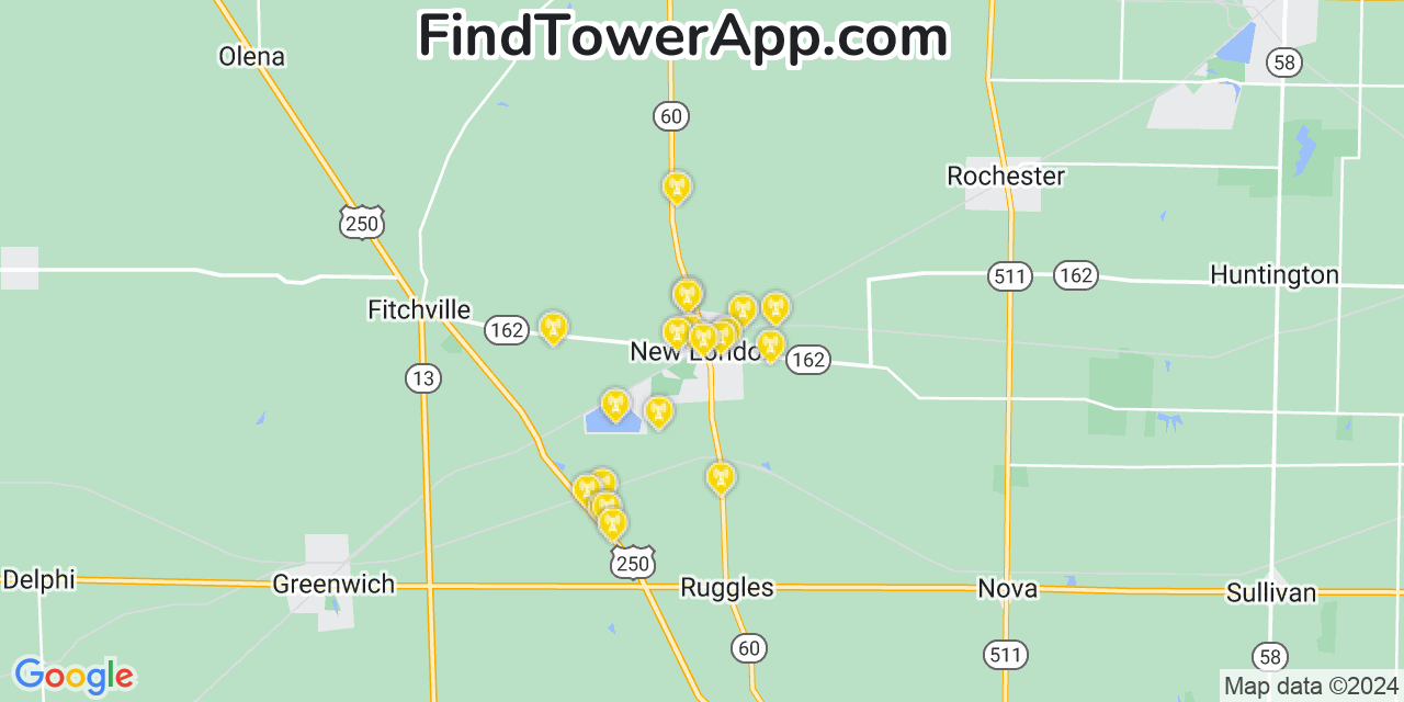 AT&T 4G/5G cell tower coverage map New London, Ohio