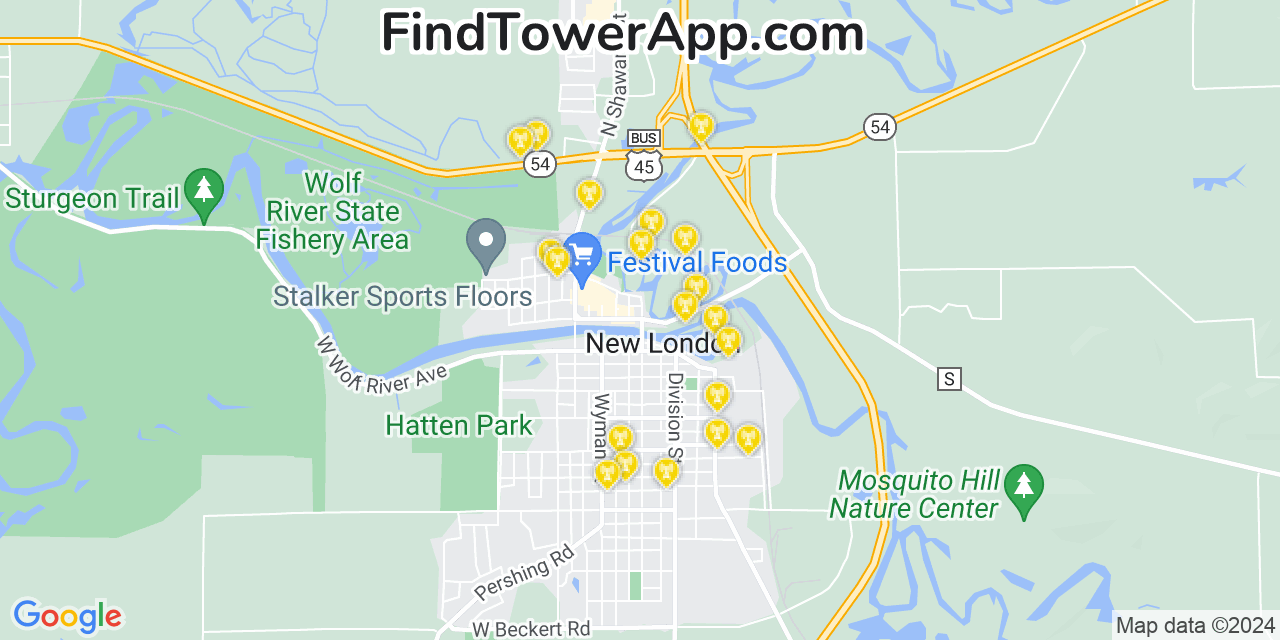 AT&T 4G/5G cell tower coverage map New London, Wisconsin