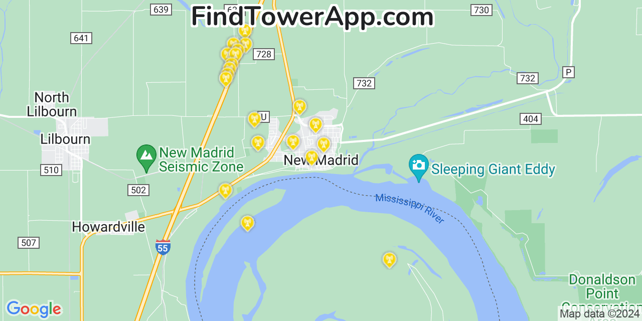 Verizon 4G/5G cell tower coverage map New Madrid, Missouri