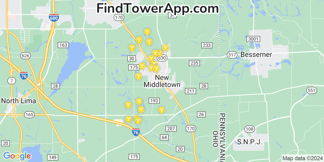 AT&T 4G/5G cell tower coverage map New Middletown, Ohio
