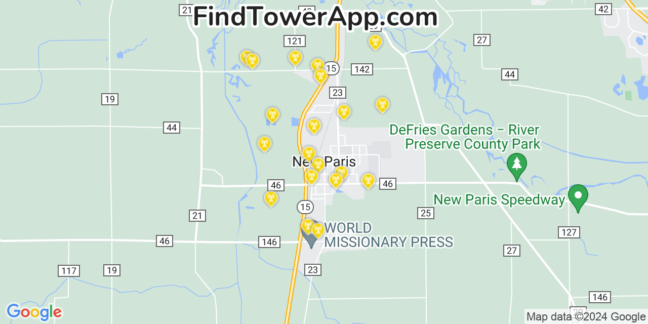 AT&T 4G/5G cell tower coverage map New Paris, Indiana