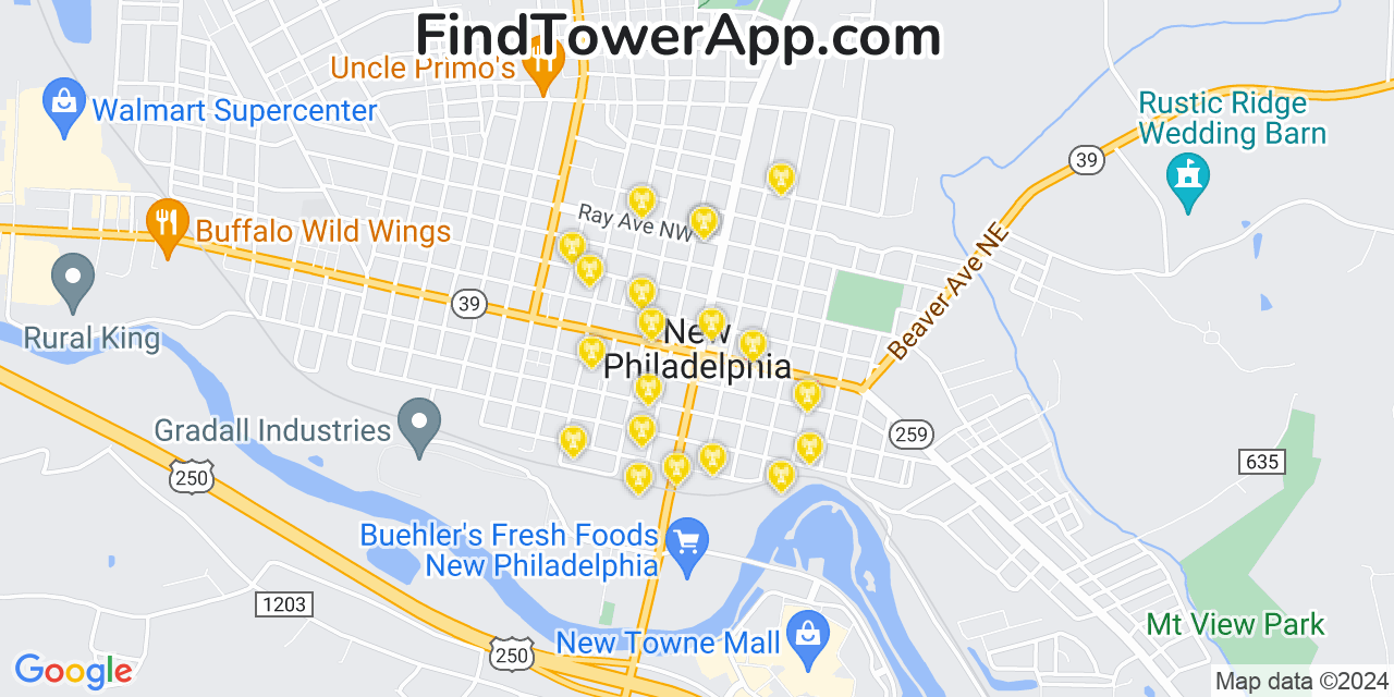 AT&T 4G/5G cell tower coverage map New Philadelphia, Ohio