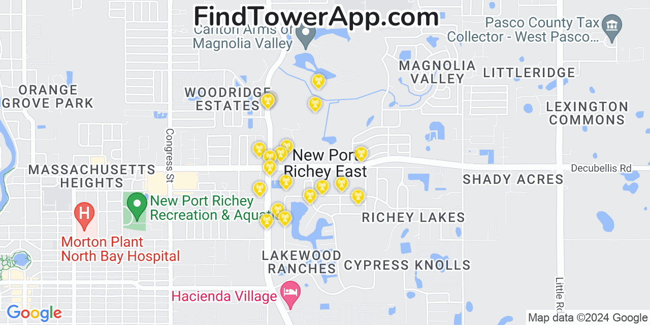 AT&T 4G/5G cell tower coverage map New Port Richey East, Florida