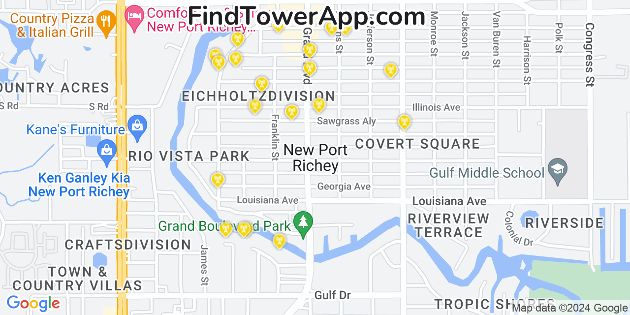 AT&T 4G/5G cell tower coverage map New Port Richey, Florida