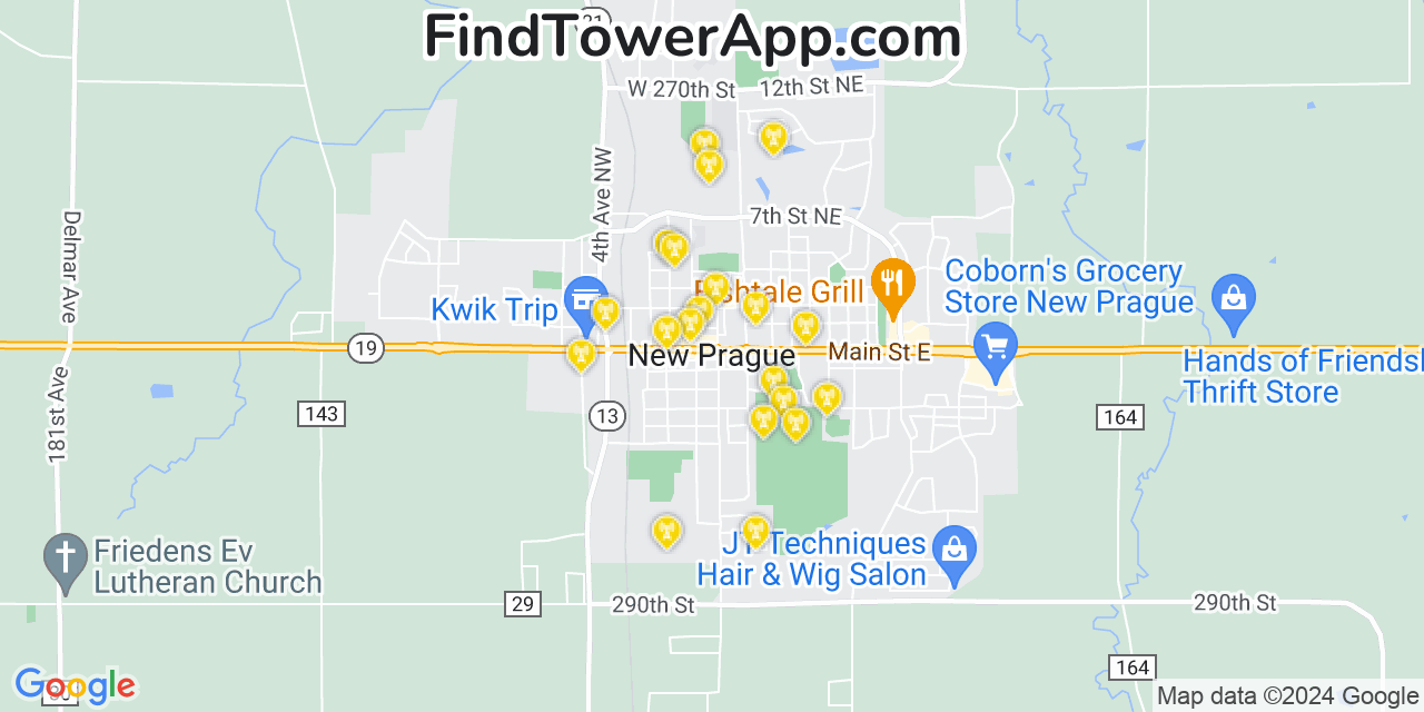 AT&T 4G/5G cell tower coverage map New Prague, Minnesota