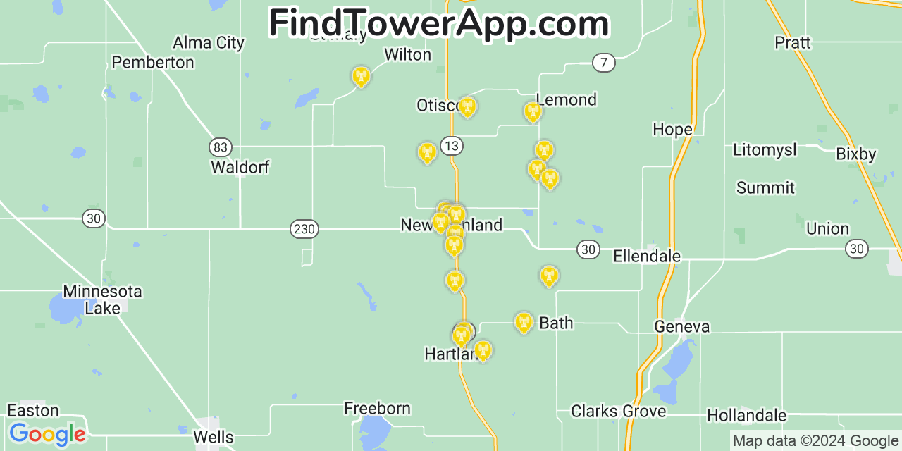 Verizon 4G/5G cell tower coverage map New Richland, Minnesota