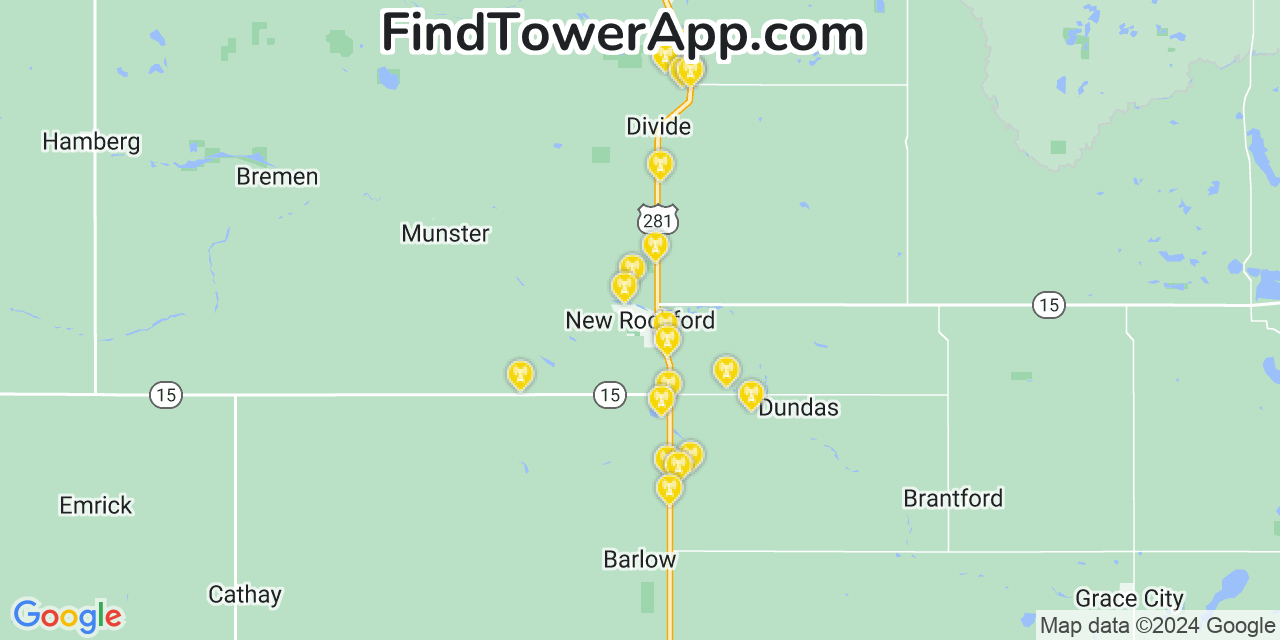 AT&T 4G/5G cell tower coverage map New Rockford, North Dakota