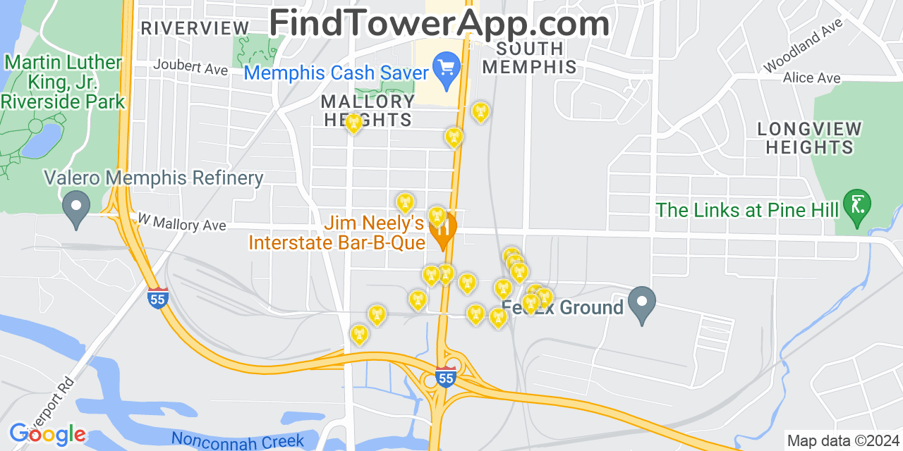 AT&T 4G/5G cell tower coverage map New South Memphis, Tennessee
