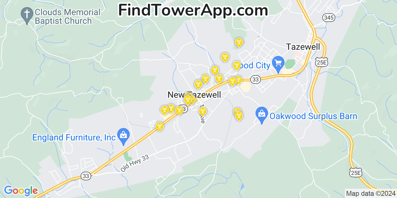AT&T 4G/5G cell tower coverage map New Tazewell, Tennessee
