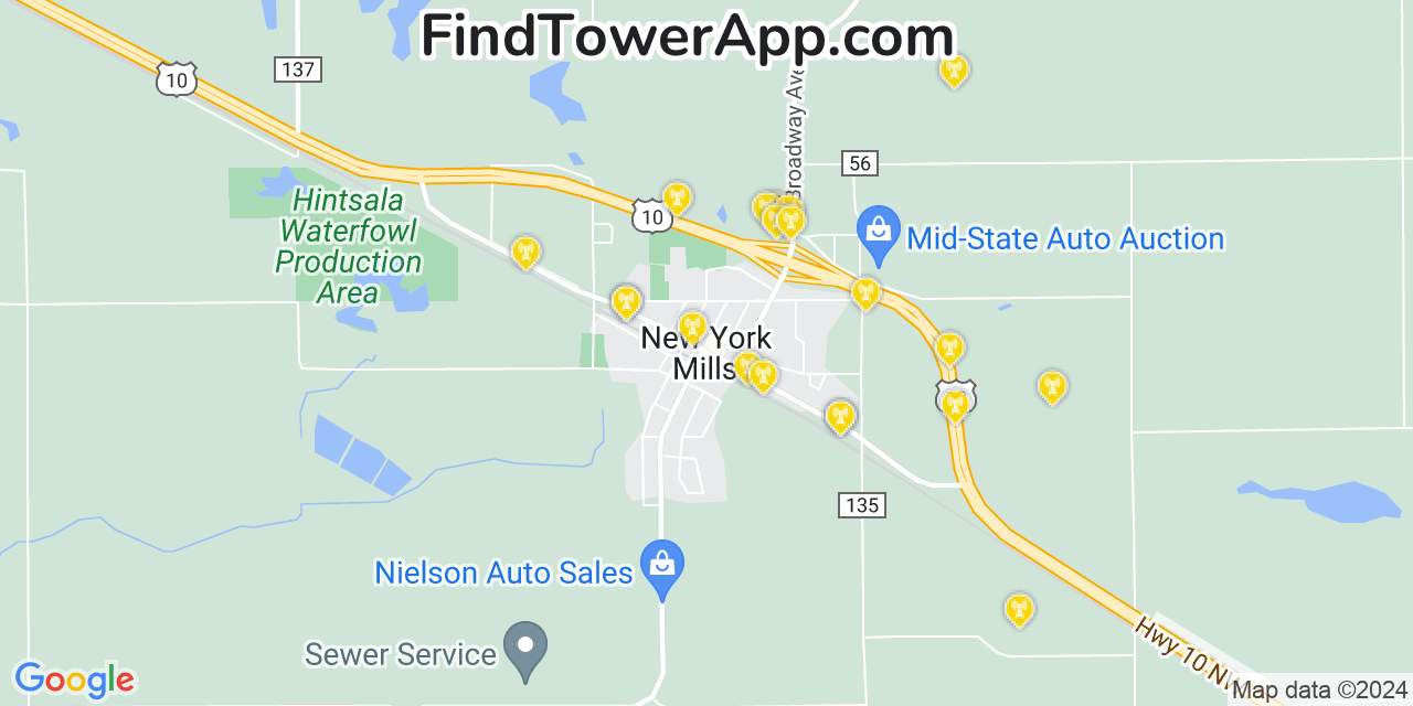 AT&T 4G/5G cell tower coverage map New York Mills, Minnesota