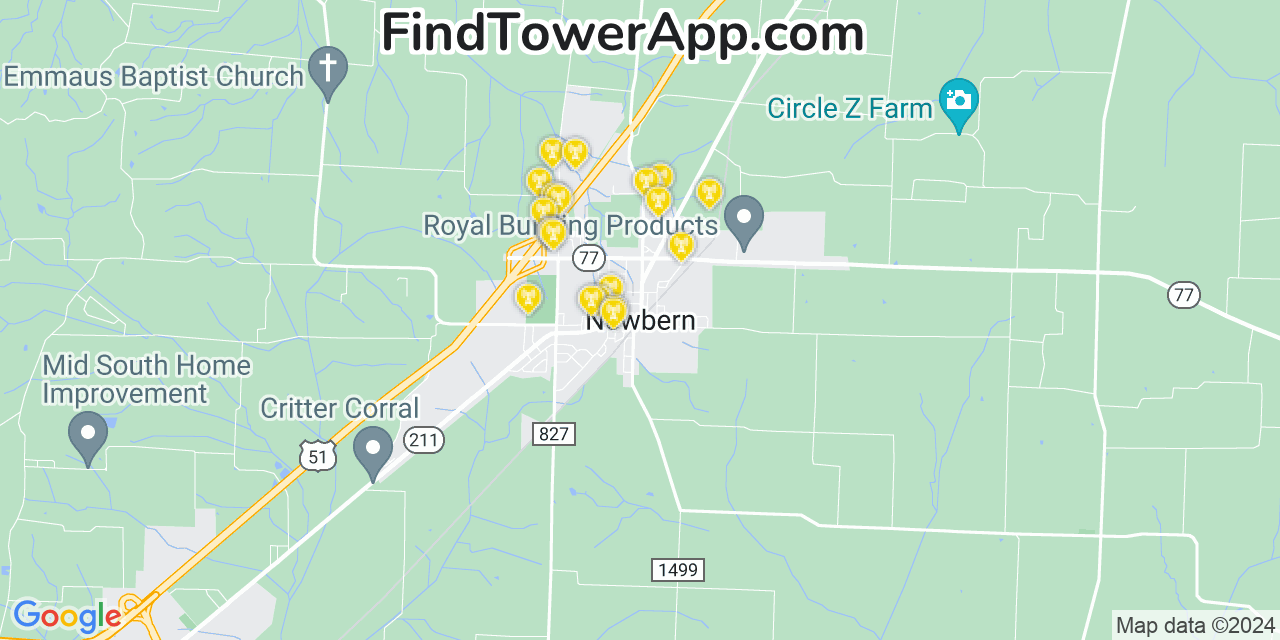 AT&T 4G/5G cell tower coverage map Newbern, Tennessee