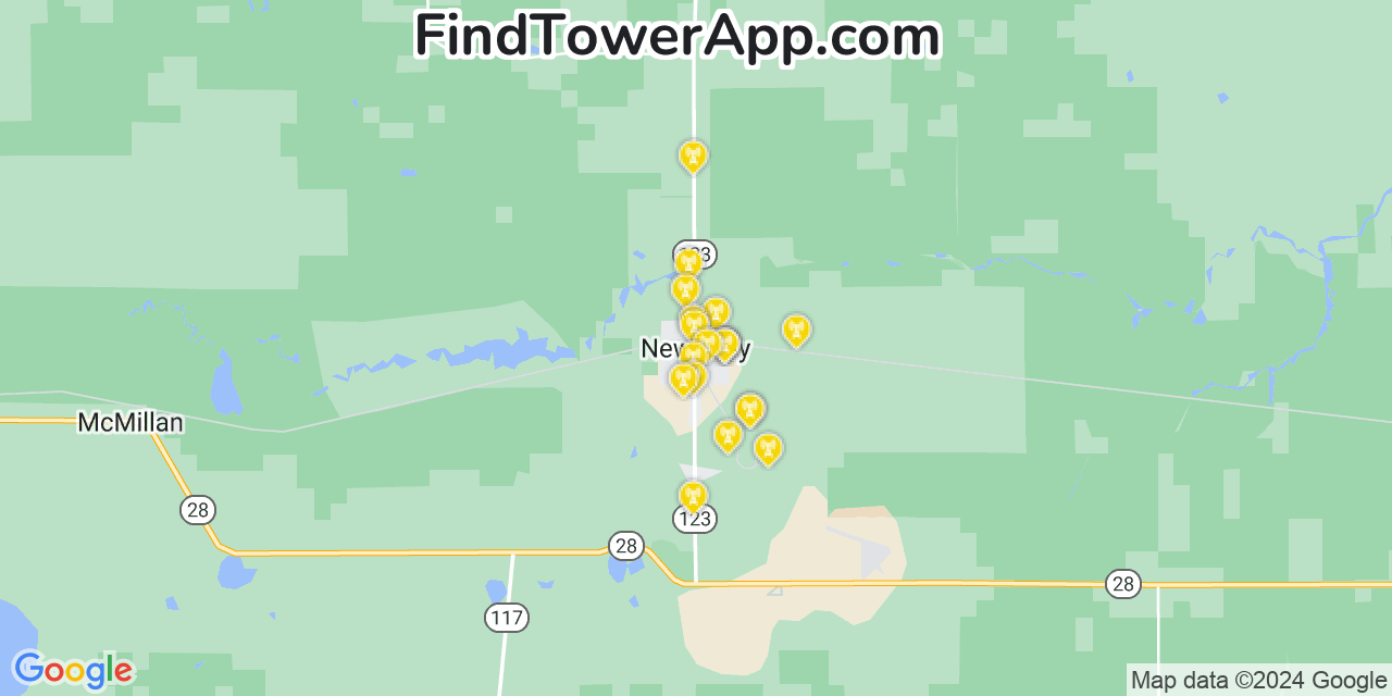 AT&T 4G/5G cell tower coverage map Newberry, Michigan