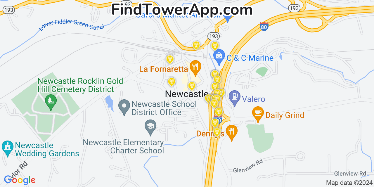AT&T 4G/5G cell tower coverage map Newcastle, California