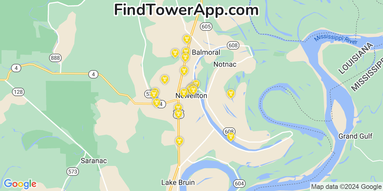 AT&T 4G/5G cell tower coverage map Newellton, Louisiana