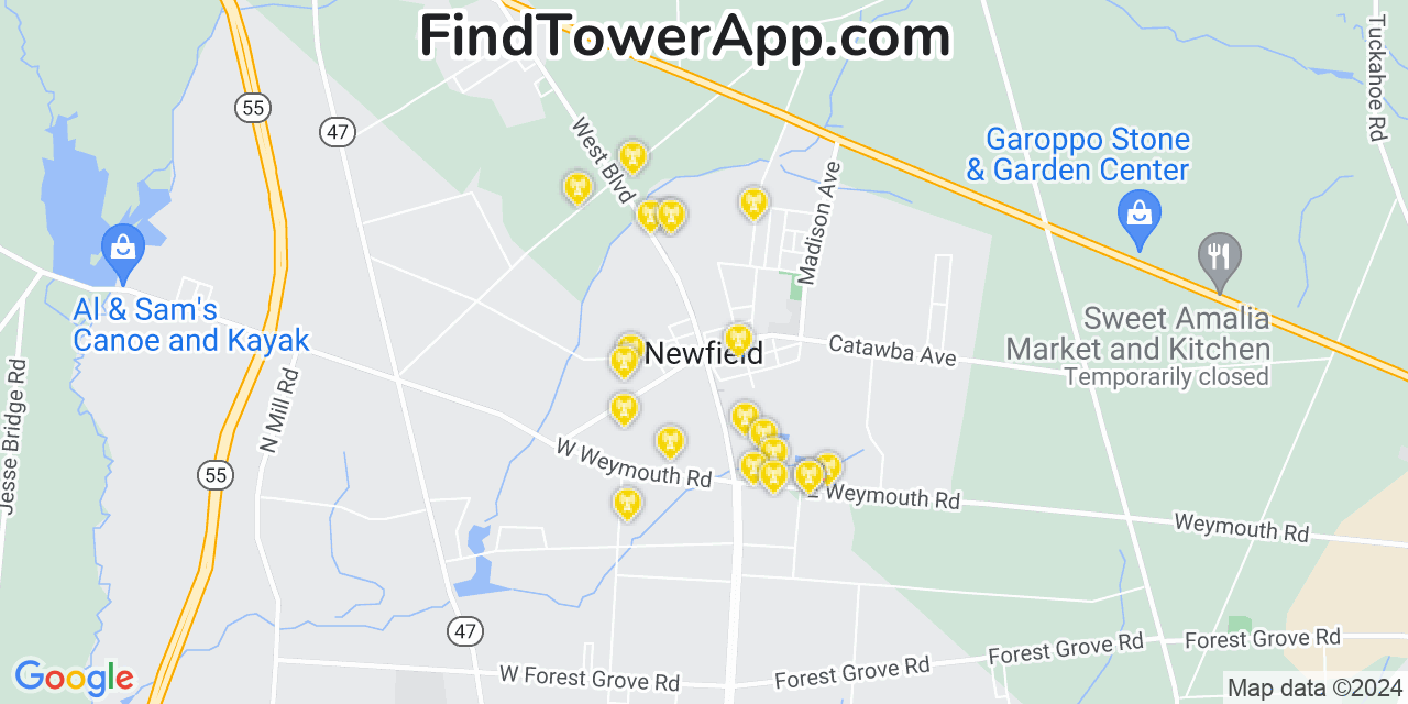 AT&T 4G/5G cell tower coverage map Newfield, New Jersey