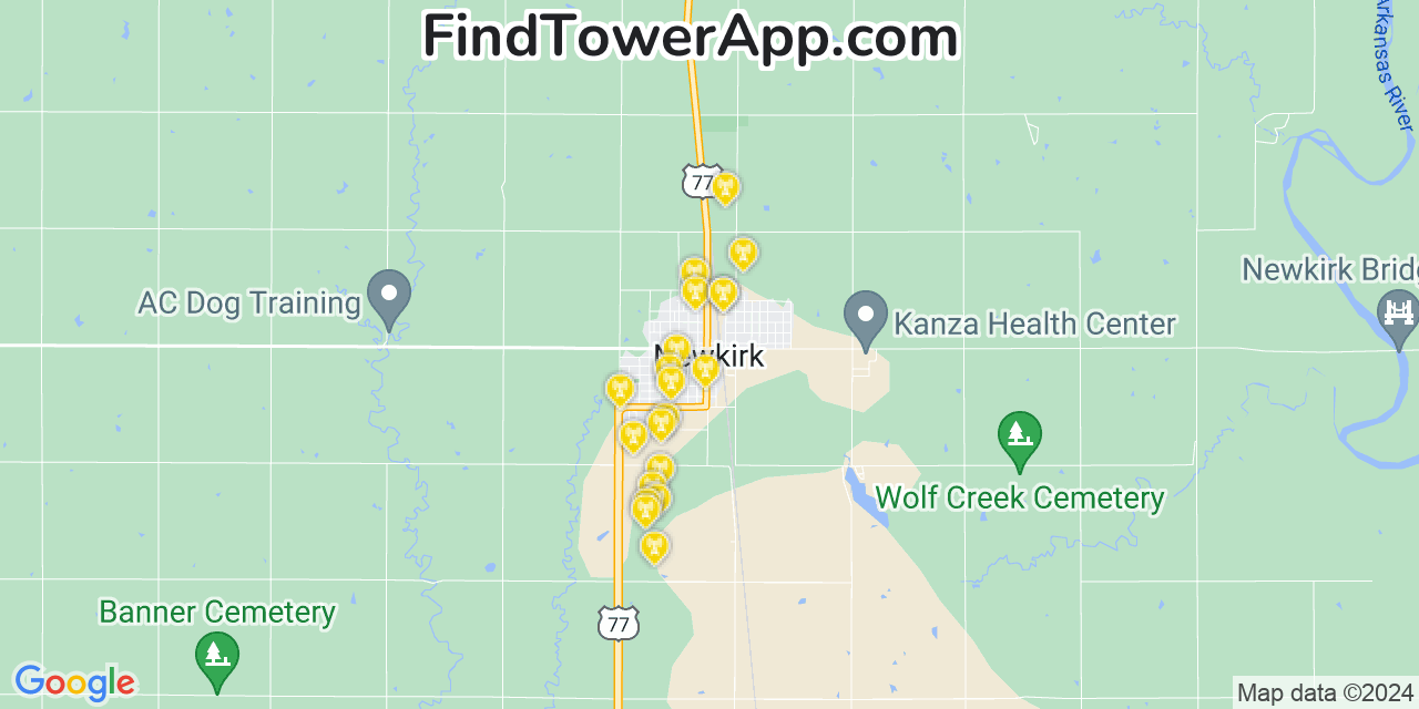 AT&T 4G/5G cell tower coverage map Newkirk, Oklahoma