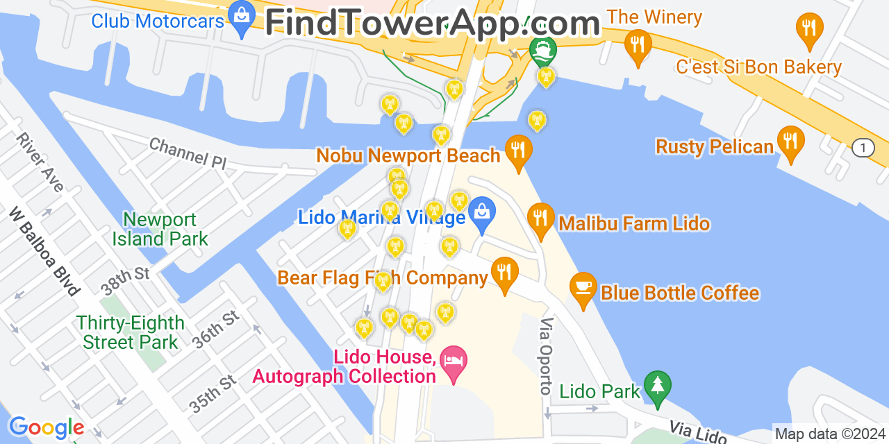 AT&T 4G/5G cell tower coverage map Newport Beach, California