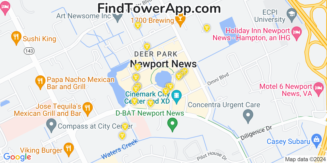 AT&T 4G/5G cell tower coverage map Newport News, Virginia