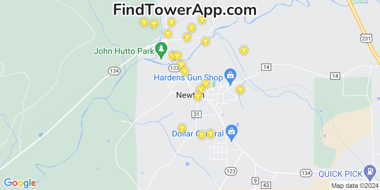 AT&T 4G/5G cell tower coverage map Newton, Alabama