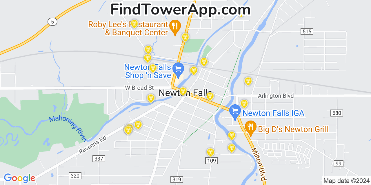 AT&T 4G/5G cell tower coverage map Newton Falls, Ohio