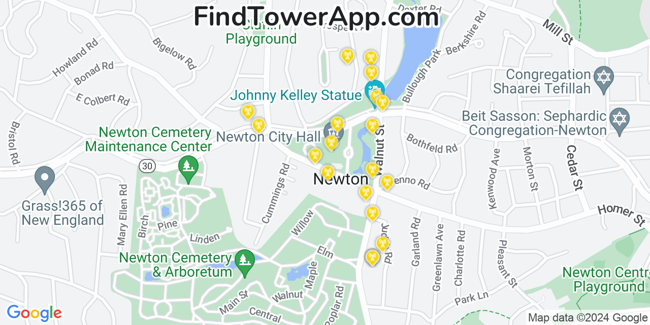 AT&T 4G/5G cell tower coverage map Newton, Massachusetts