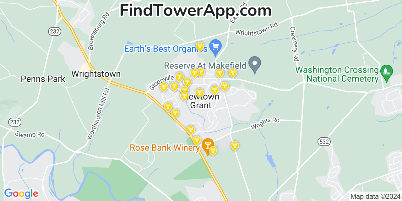 AT&T 4G/5G cell tower coverage map Newtown Grant, Pennsylvania