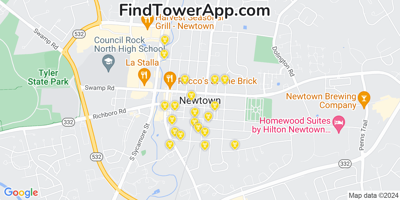 AT&T 4G/5G cell tower coverage map Newtown, Pennsylvania