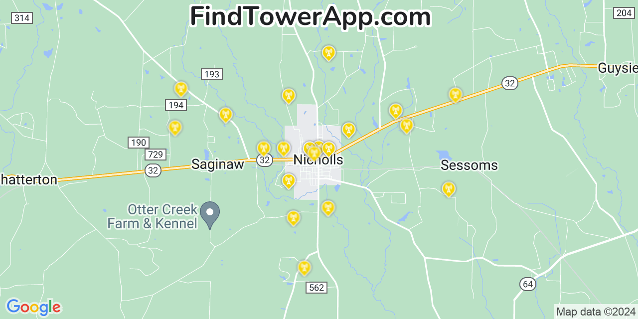 Verizon 4G/5G cell tower coverage map Nicholls, Georgia