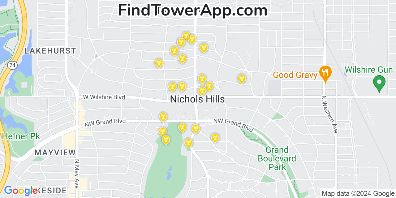 AT&T 4G/5G cell tower coverage map Nichols Hills, Oklahoma