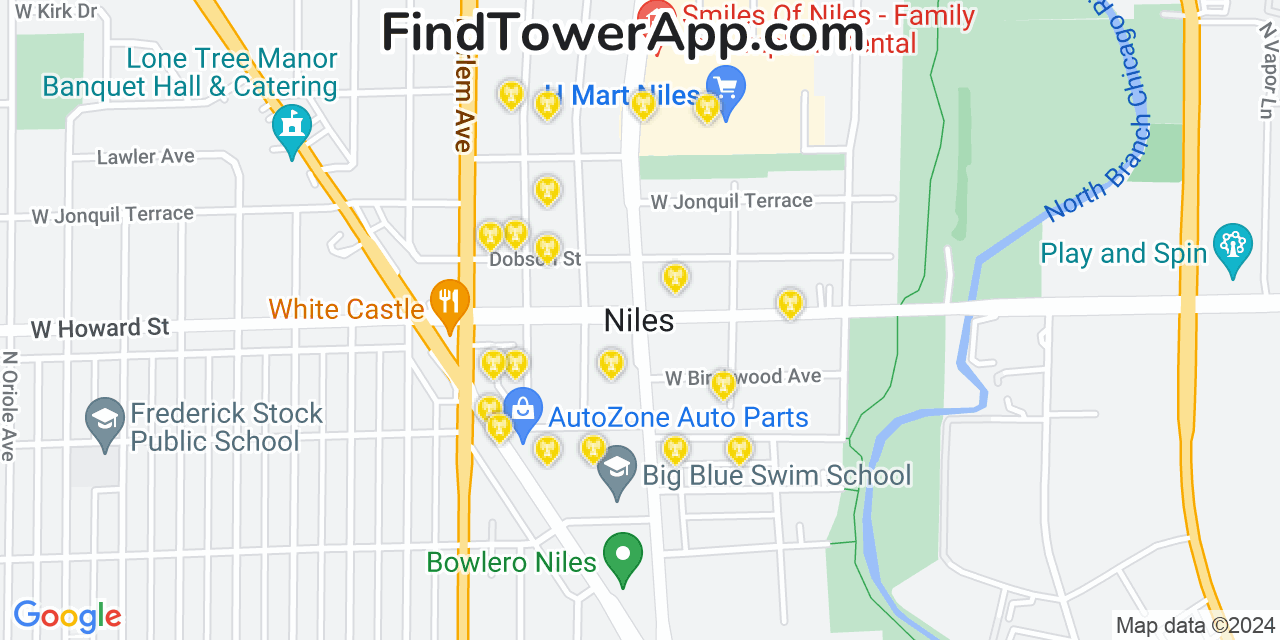 AT&T 4G/5G cell tower coverage map Niles, Illinois