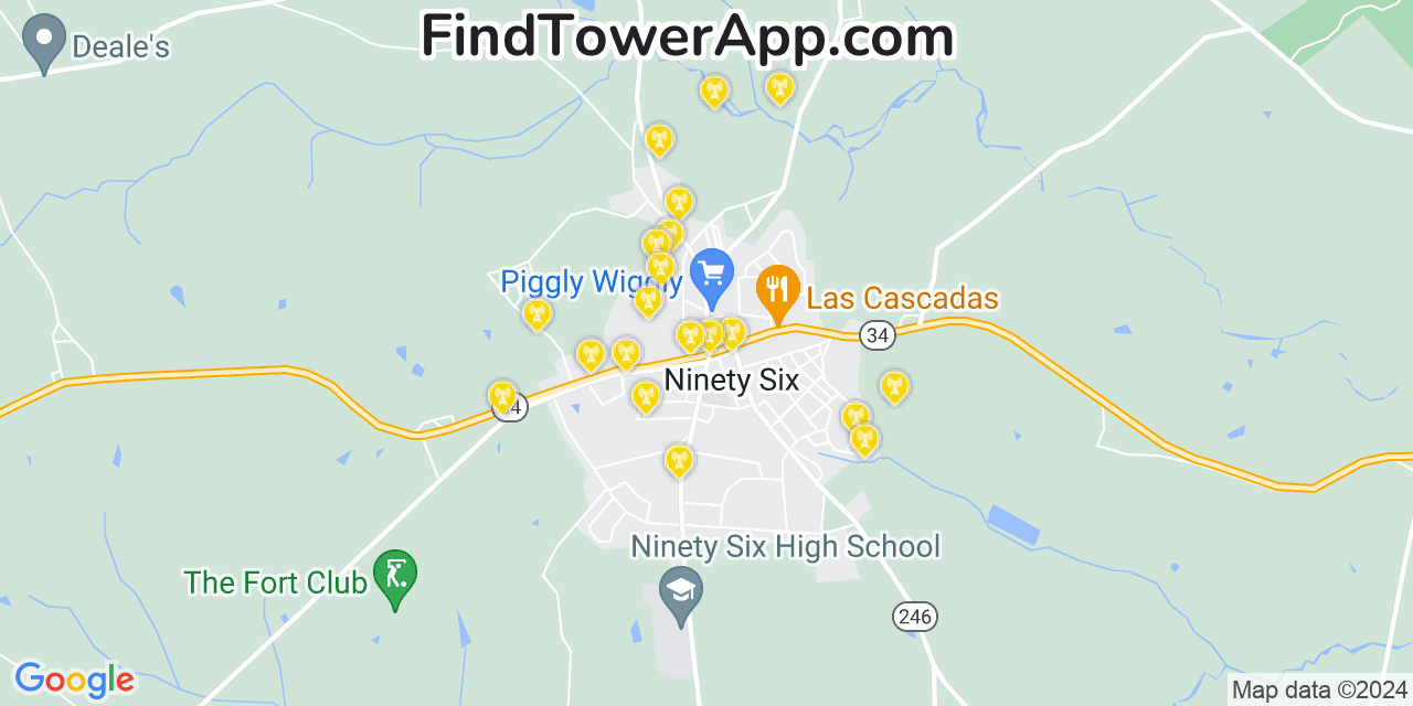 AT&T 4G/5G cell tower coverage map Ninety Six, South Carolina